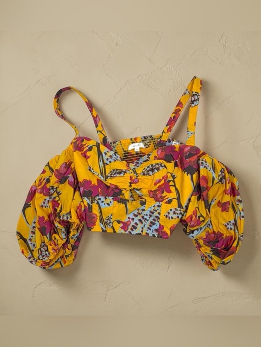A.L.C. Melody Yellow Floral Puff-Sleeve off the Shoulder Crop Top Size 4 SMALL